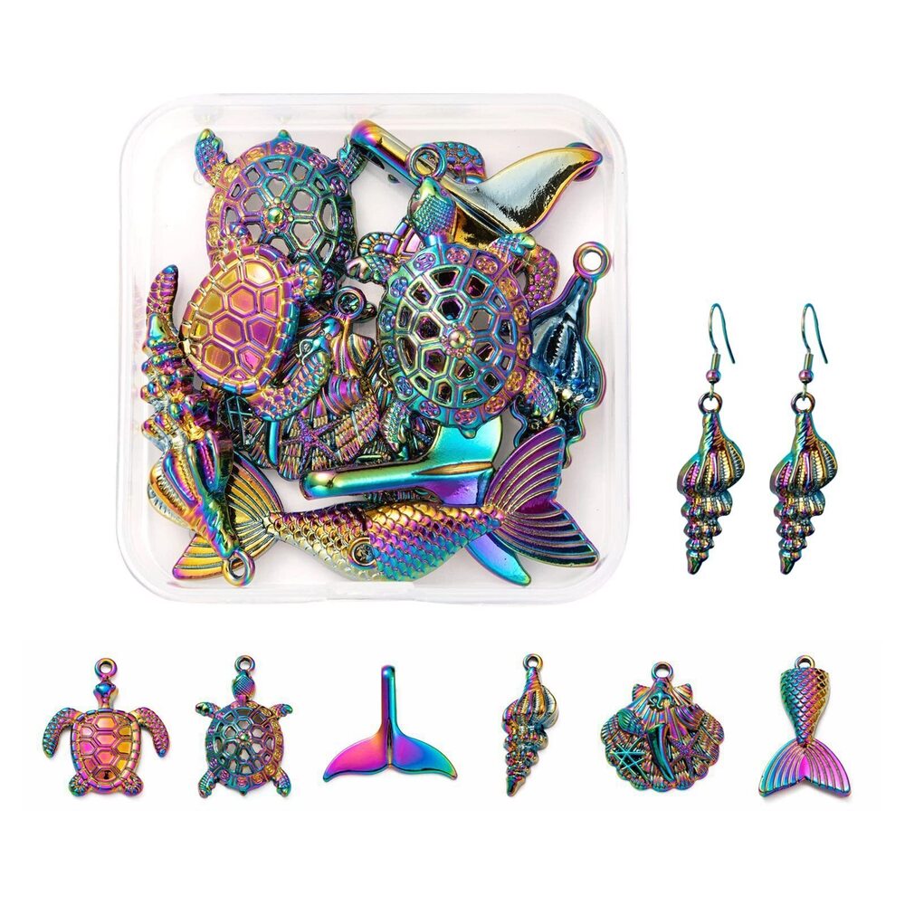 3790 12 Pcs 6 Style Rainbow Alloy Pendants Tortoise Mermaid Ocean Pendant